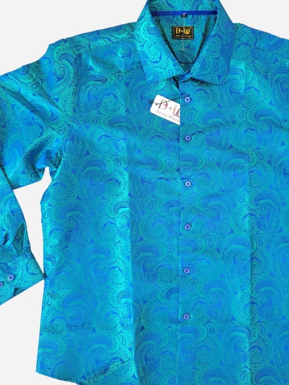Barry Wang Emerald Green Paisley Shirt Blue Jacquard Button Down Shirt Large NWT